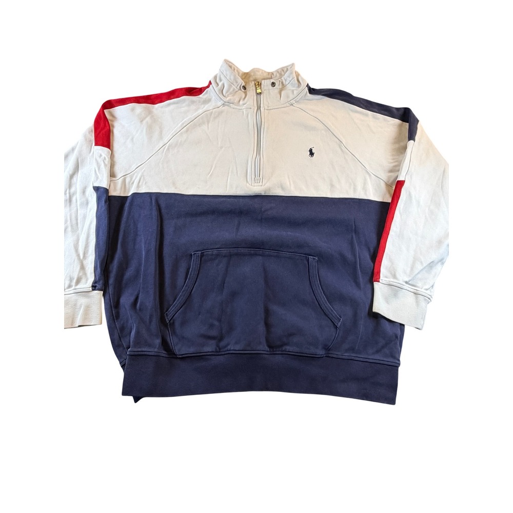 Polo Ralph Lauren Mens Colorblock Quarter Zip Sweatshirt Navy White Red XL
